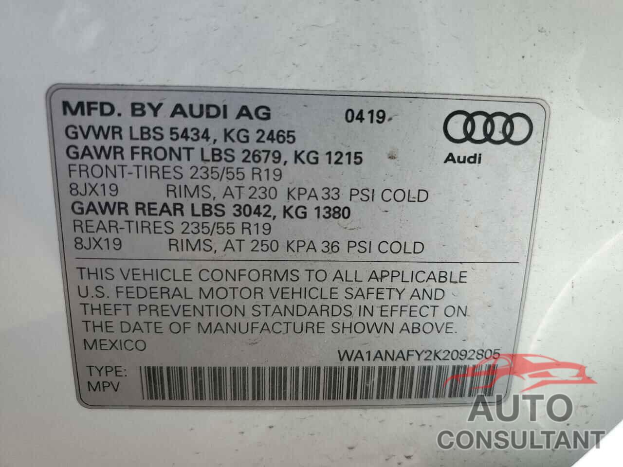 AUDI Q5 2019 - WA1ANAFY2K2092805