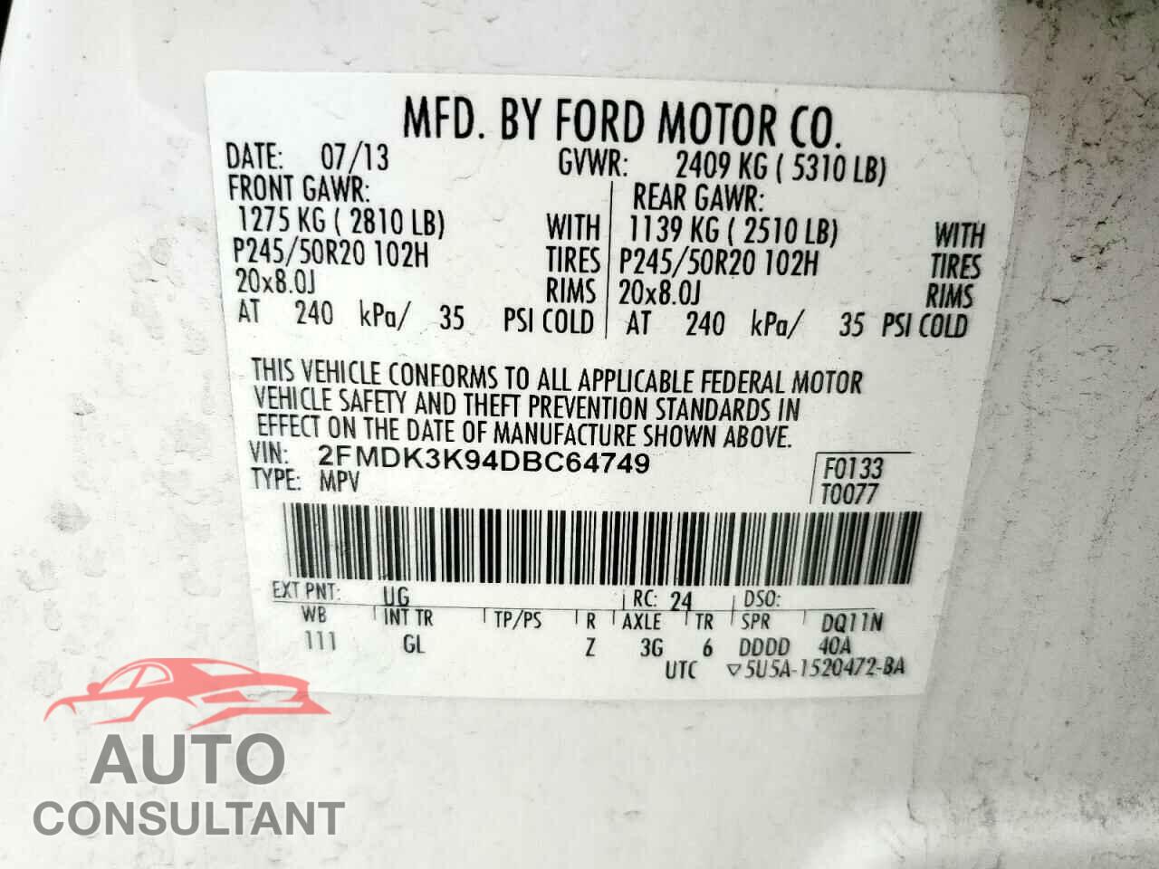 FORD EDGE 2013 - 2FMDK3K94DBC64749