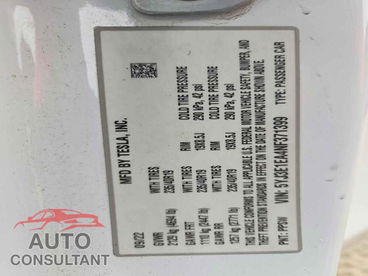 TESLA MODEL 3 2022 - 5YJ3E1EA4NF371399