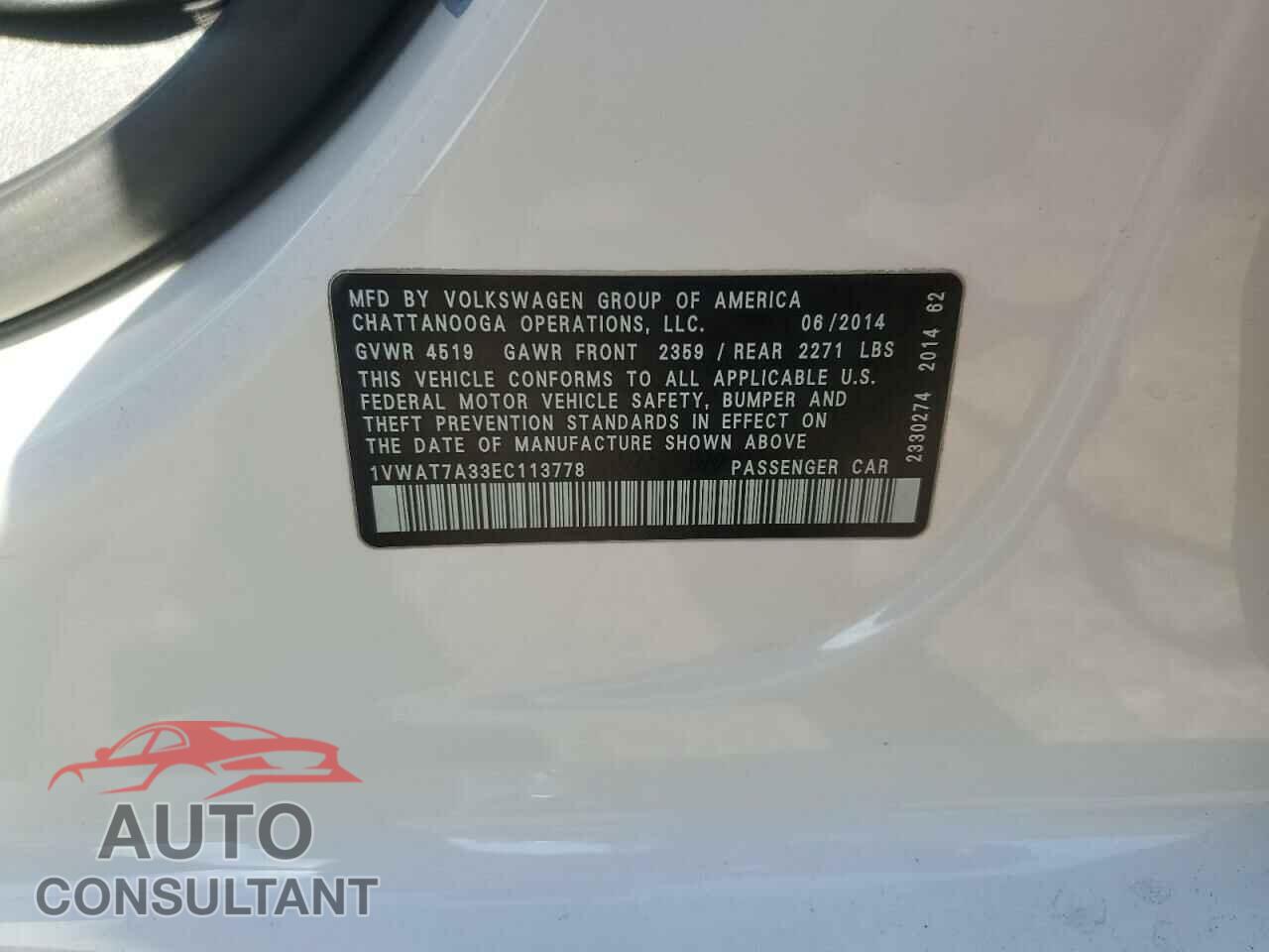 VOLKSWAGEN PASSAT 2014 - 1VWAT7A33EC113778