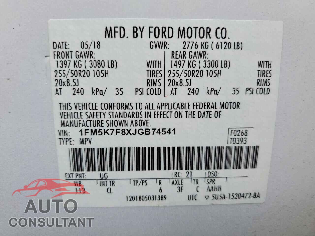 FORD EXPLORER 2018 - 1FM5K7F8XJGB74541