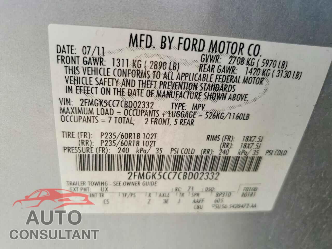 FORD FLEX 2012 - 2FMGK5CC7CBD02332