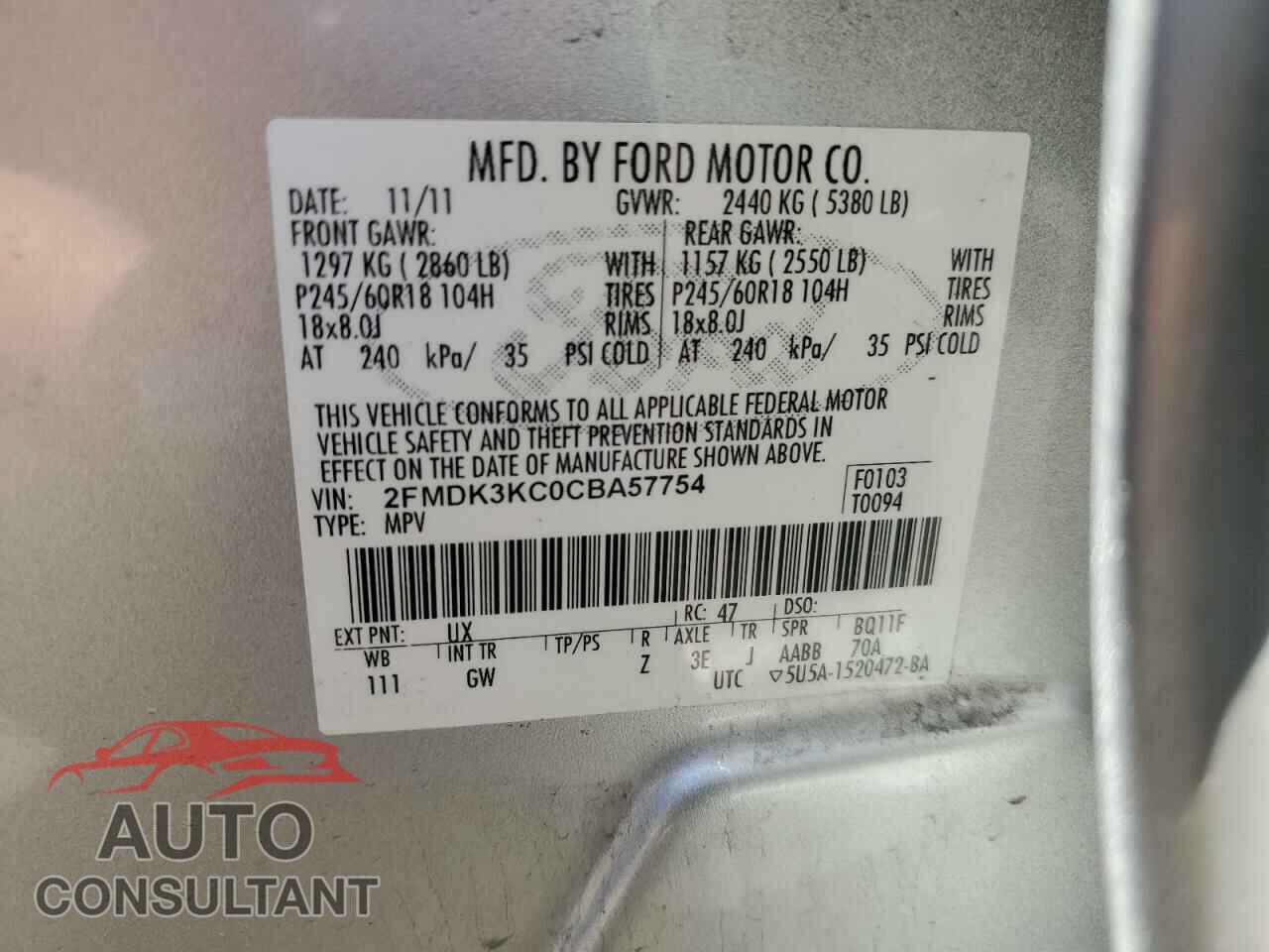 FORD EDGE 2012 - 2FMDK3KC0CBA57754