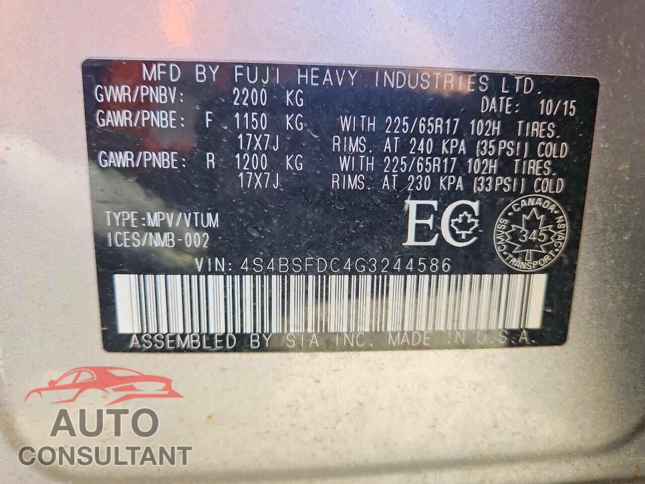 SUBARU OUTBACK 2016 - 4S4BSFDC4G3244586