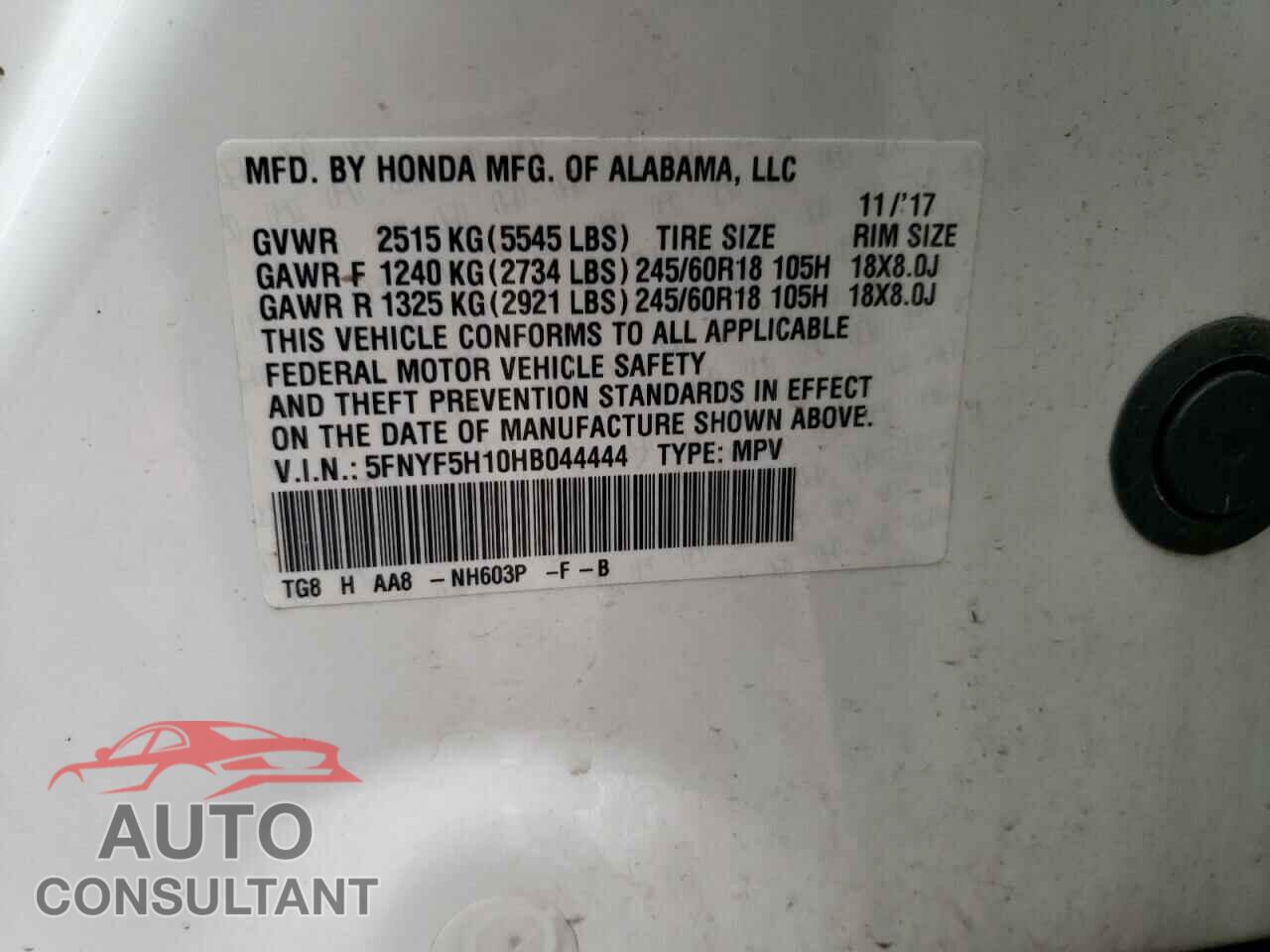 HONDA PILOT 2017 - 5FNYF5H10HB044444