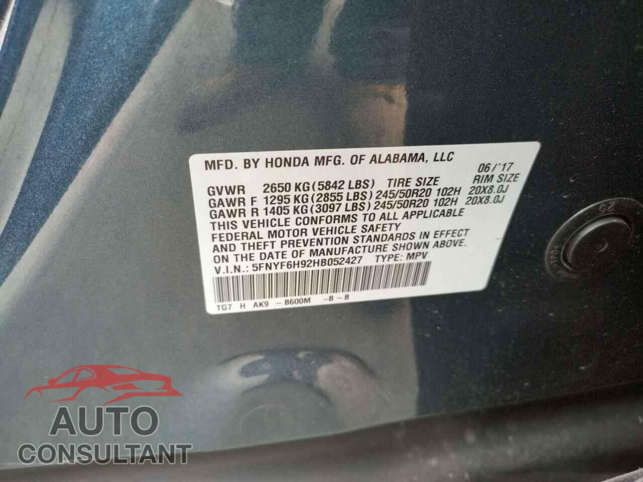 HONDA PILOT 2017 - 5FNYF6H92HB052427