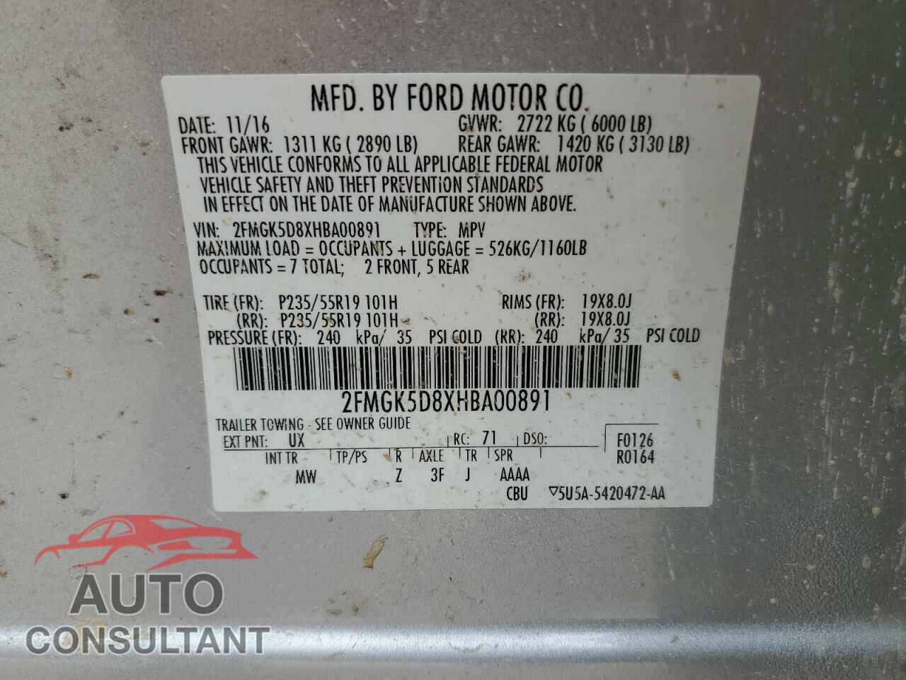 FORD FLEX 2017 - 2FMGK5D8XHBA00891