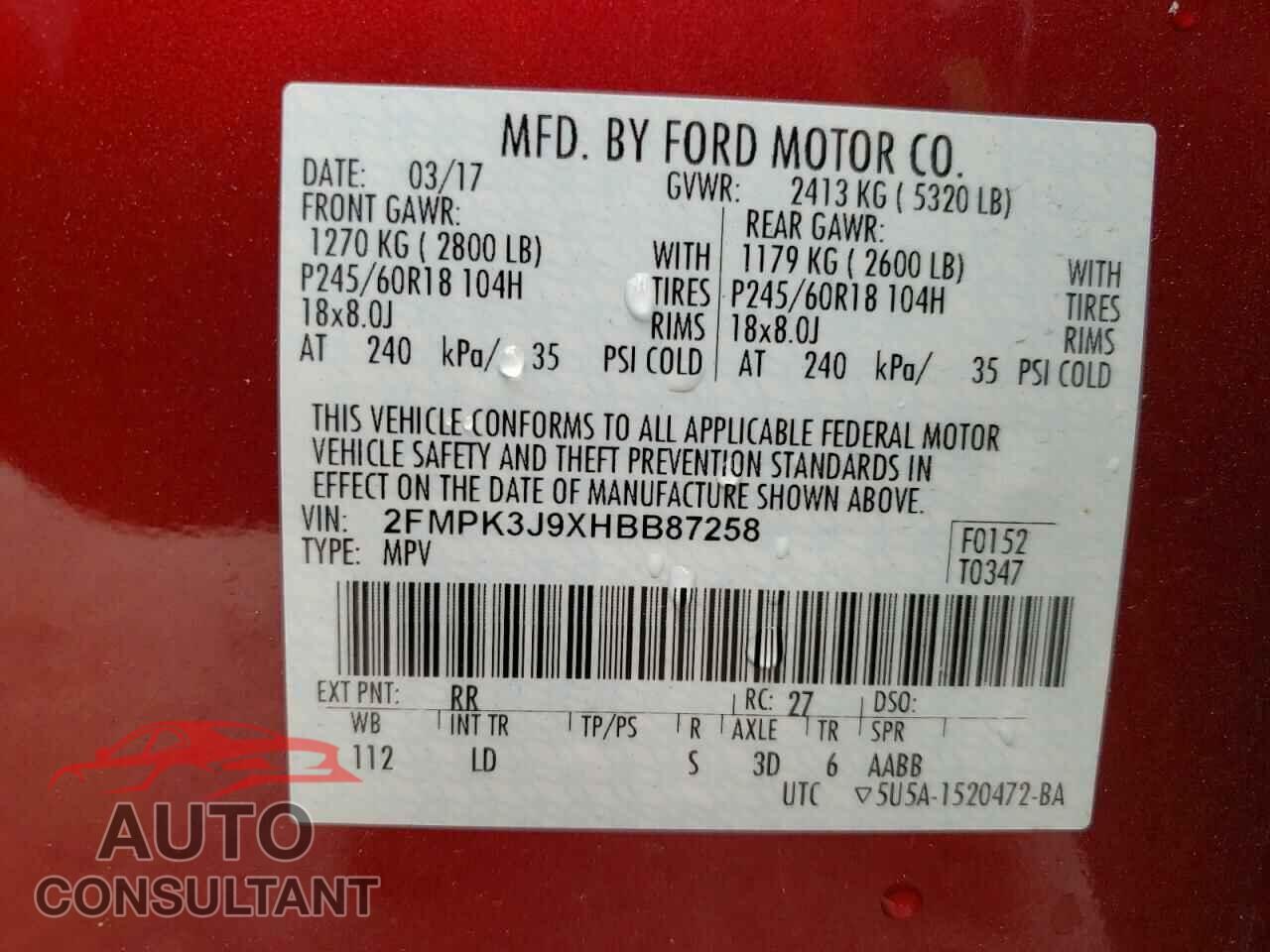 FORD EDGE 2017 - 2FMPK3J9XHBB87258