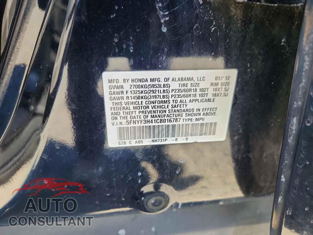 HONDA PILOT 2012 - 5FNYF3H41CB016787