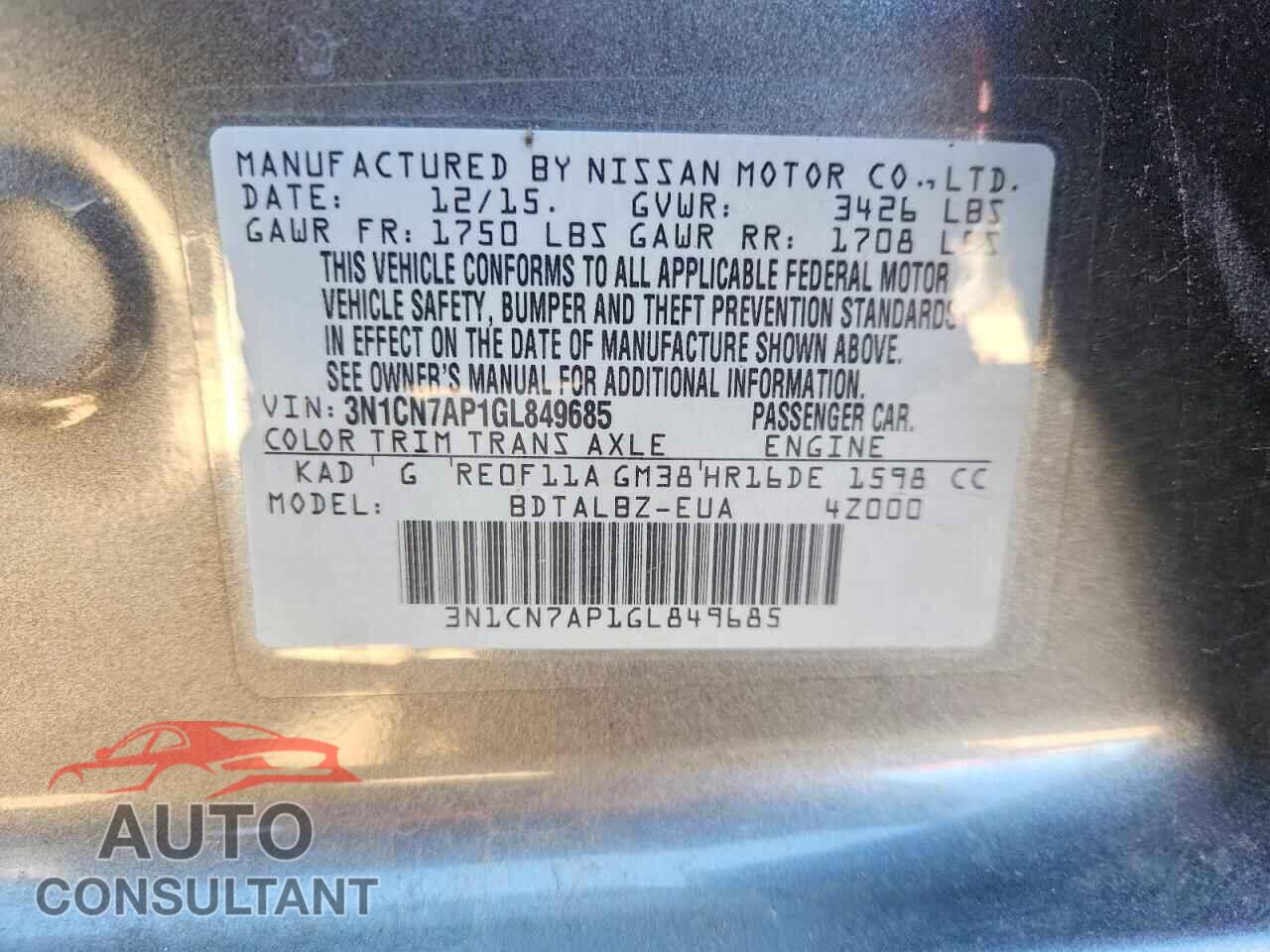 NISSAN VERSA 2016 - 3N1CN7AP1GL849685