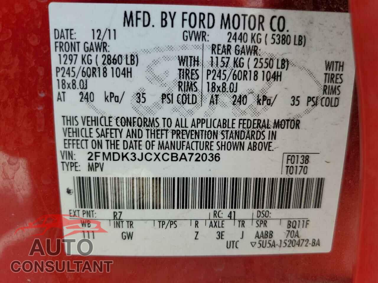 FORD EDGE 2012 - 2FMDK3JCXCBA72036