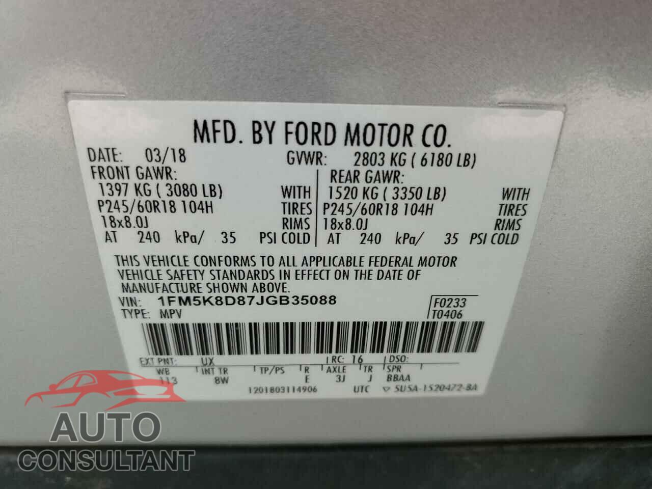 FORD EXPLORER 2018 - 1FM5K8D87JGB35088