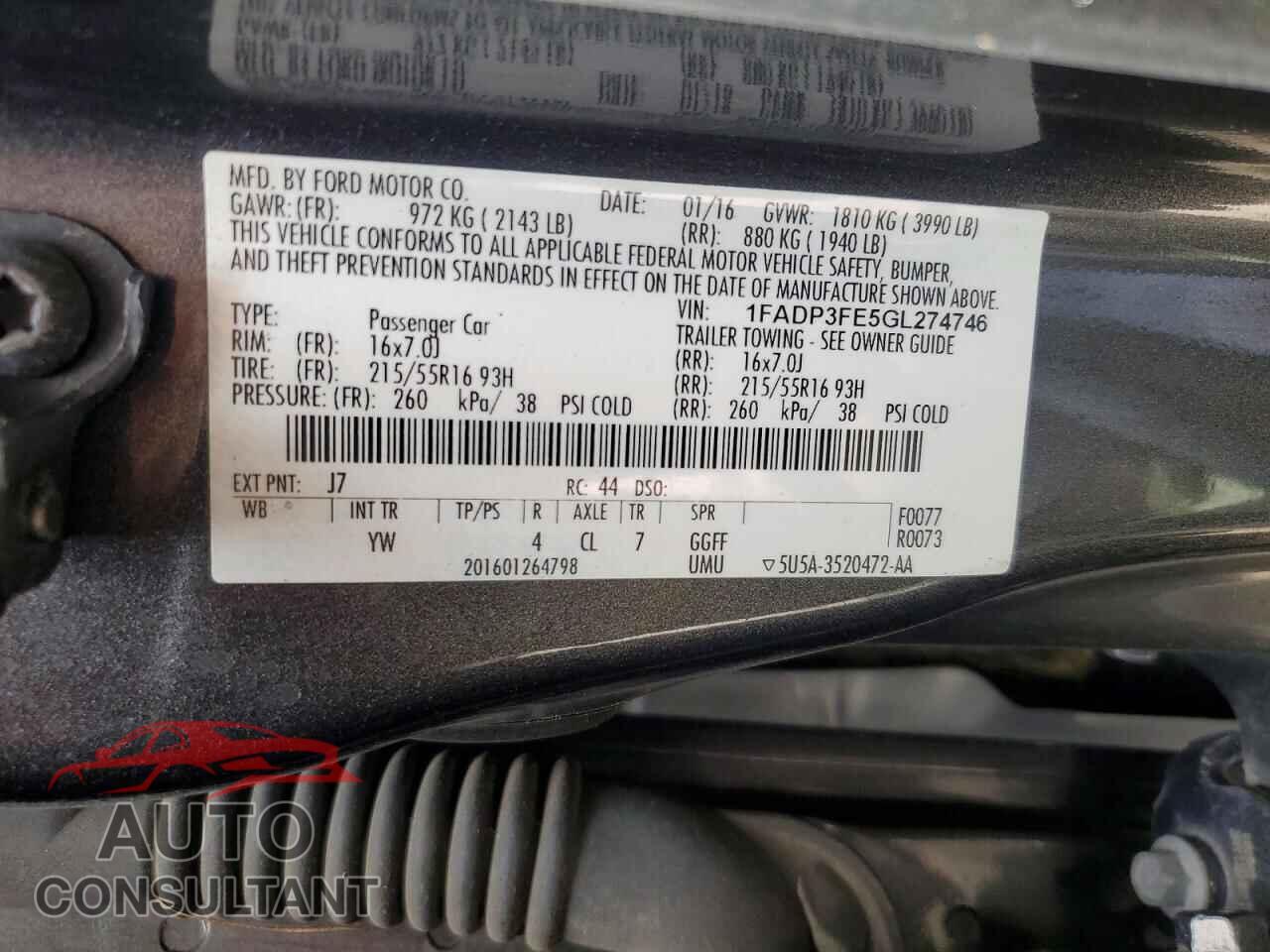 FORD FOCUS 2016 - 1FADP3FE5GL274746