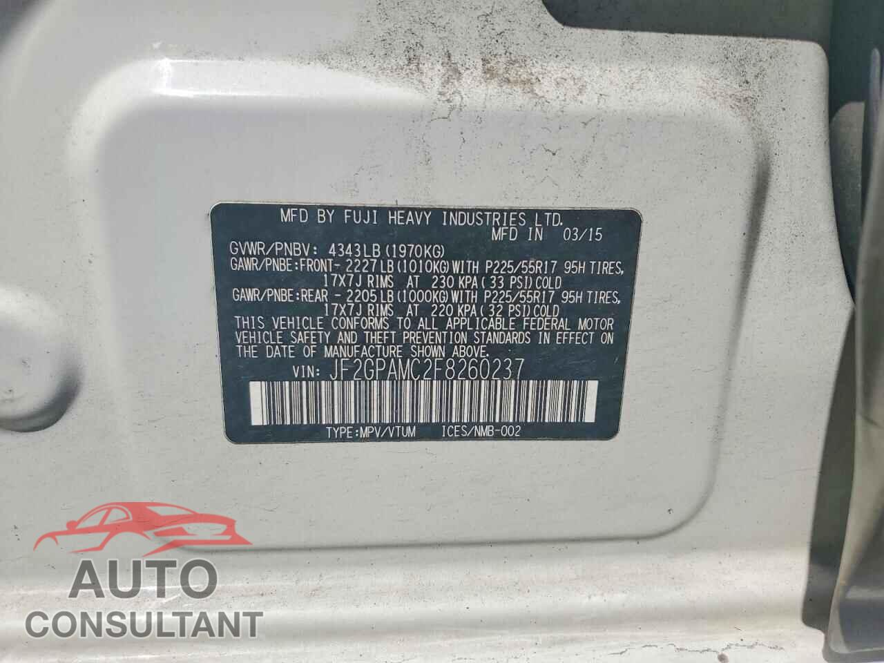 SUBARU XV 2015 - JF2GPAMC2F8260237