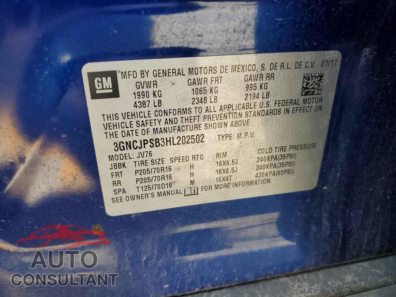 CHEVROLET TRAX 2017 - 3GNCJPSB3HL202502