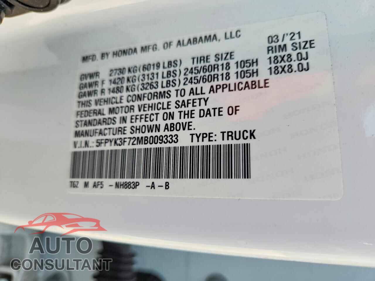 HONDA RIDGELINE 2021 - 5FPYK3F72MB009333