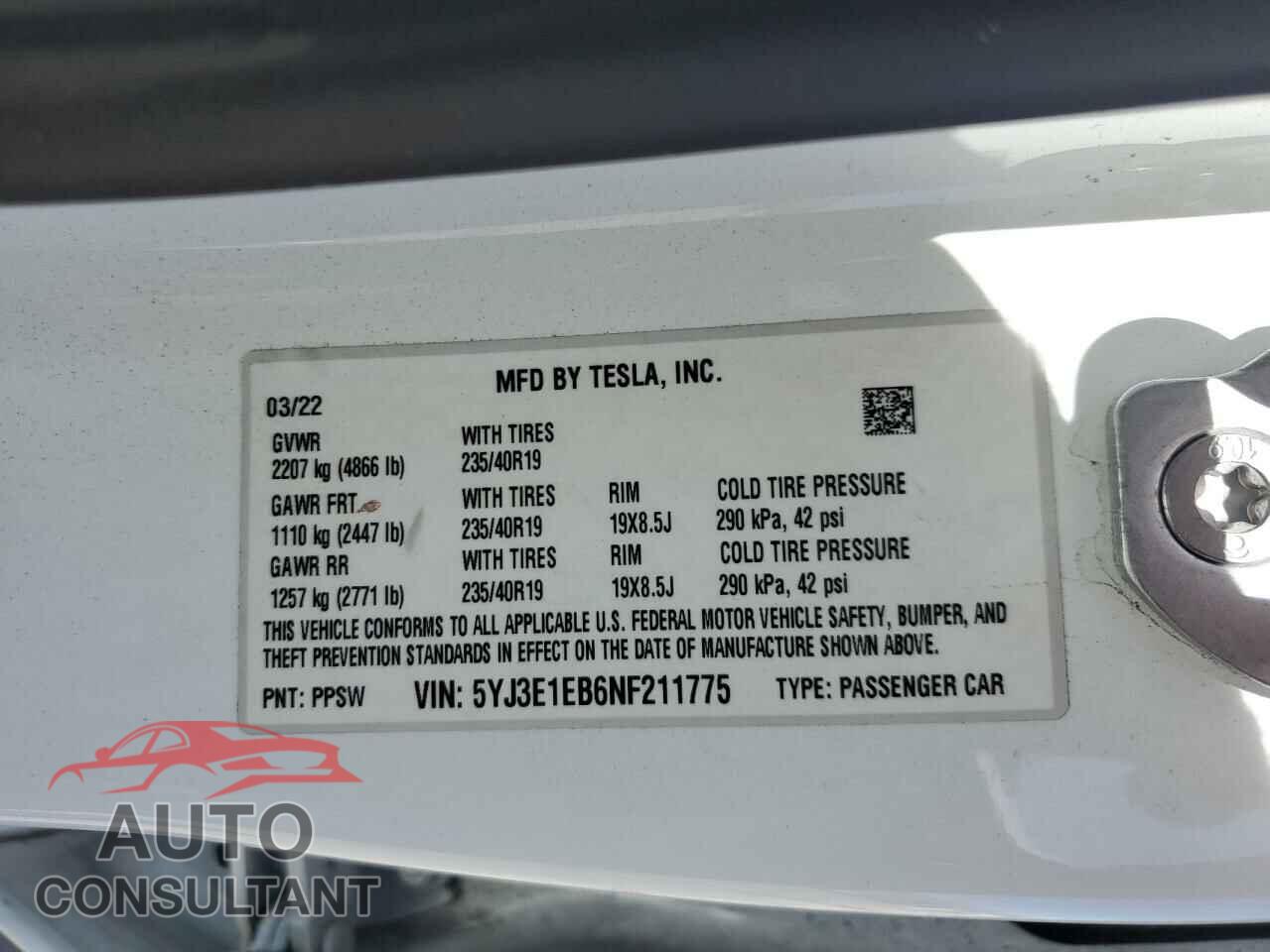 TESLA MODEL 3 2022 - 5YJ3E1EB6NF211775