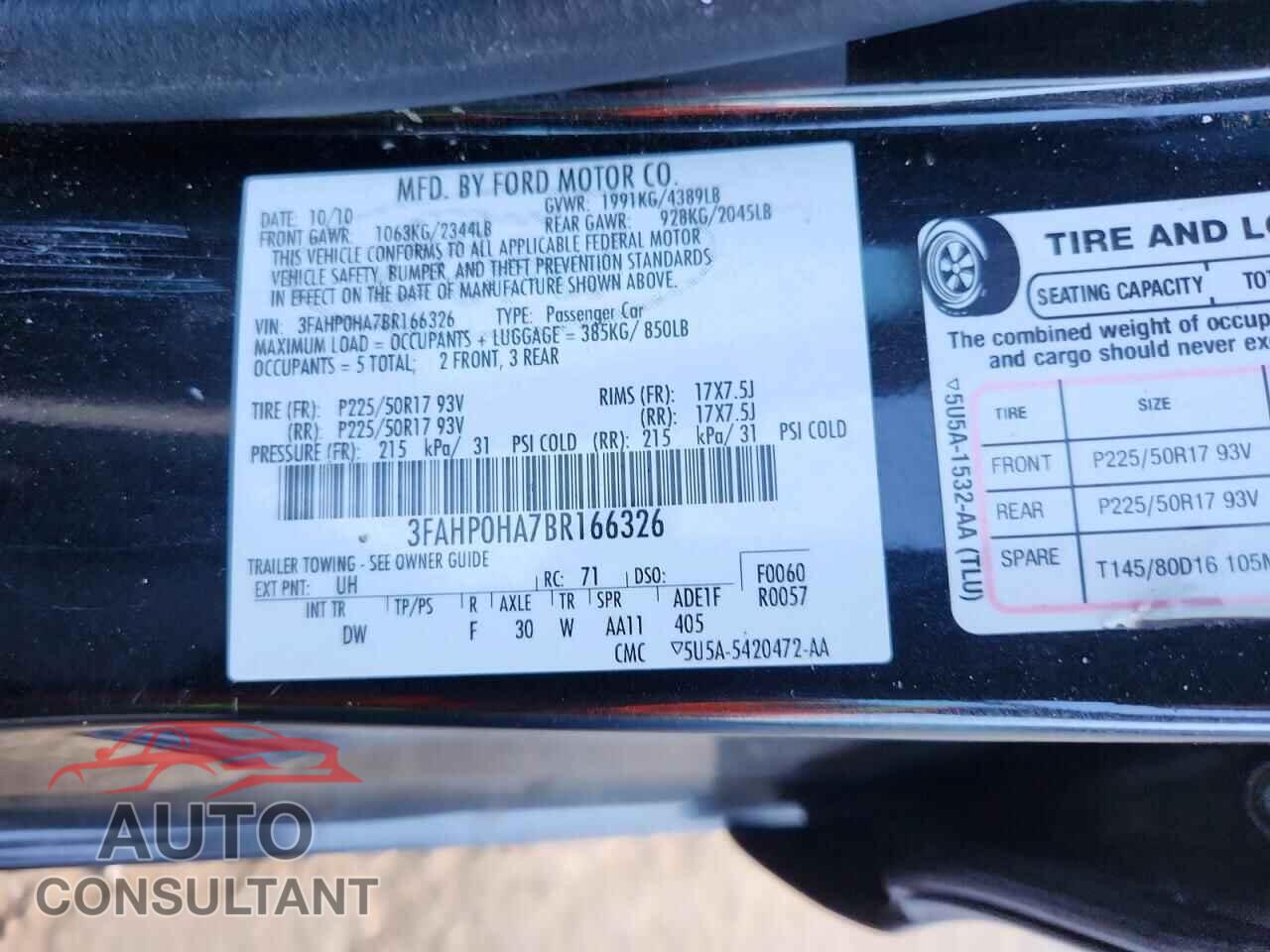 FORD FUSION 2011 - 3FAHP0HA7BR166326