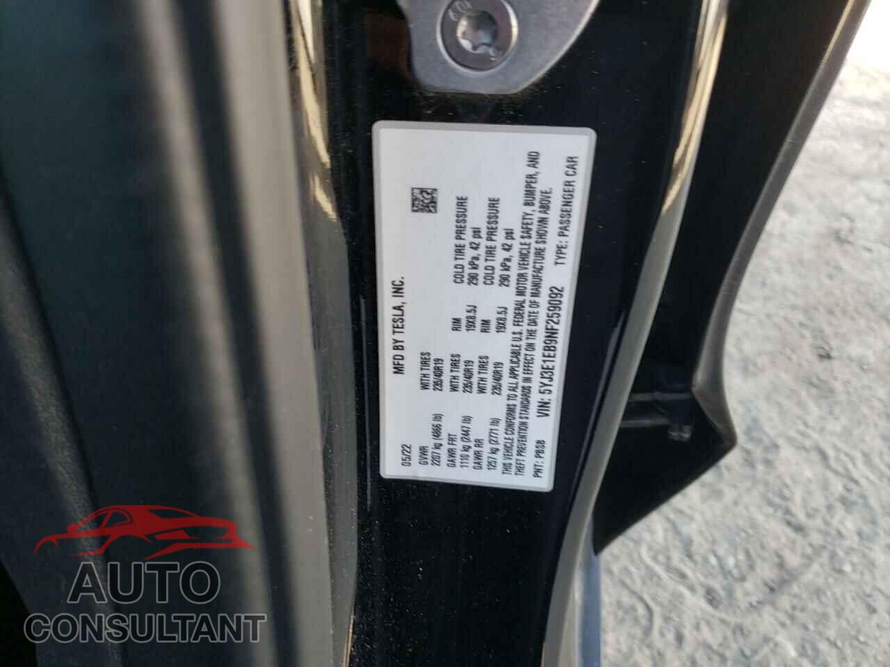 TESLA MODEL 3 2022 - 5YJ3E1EB9NF259092
