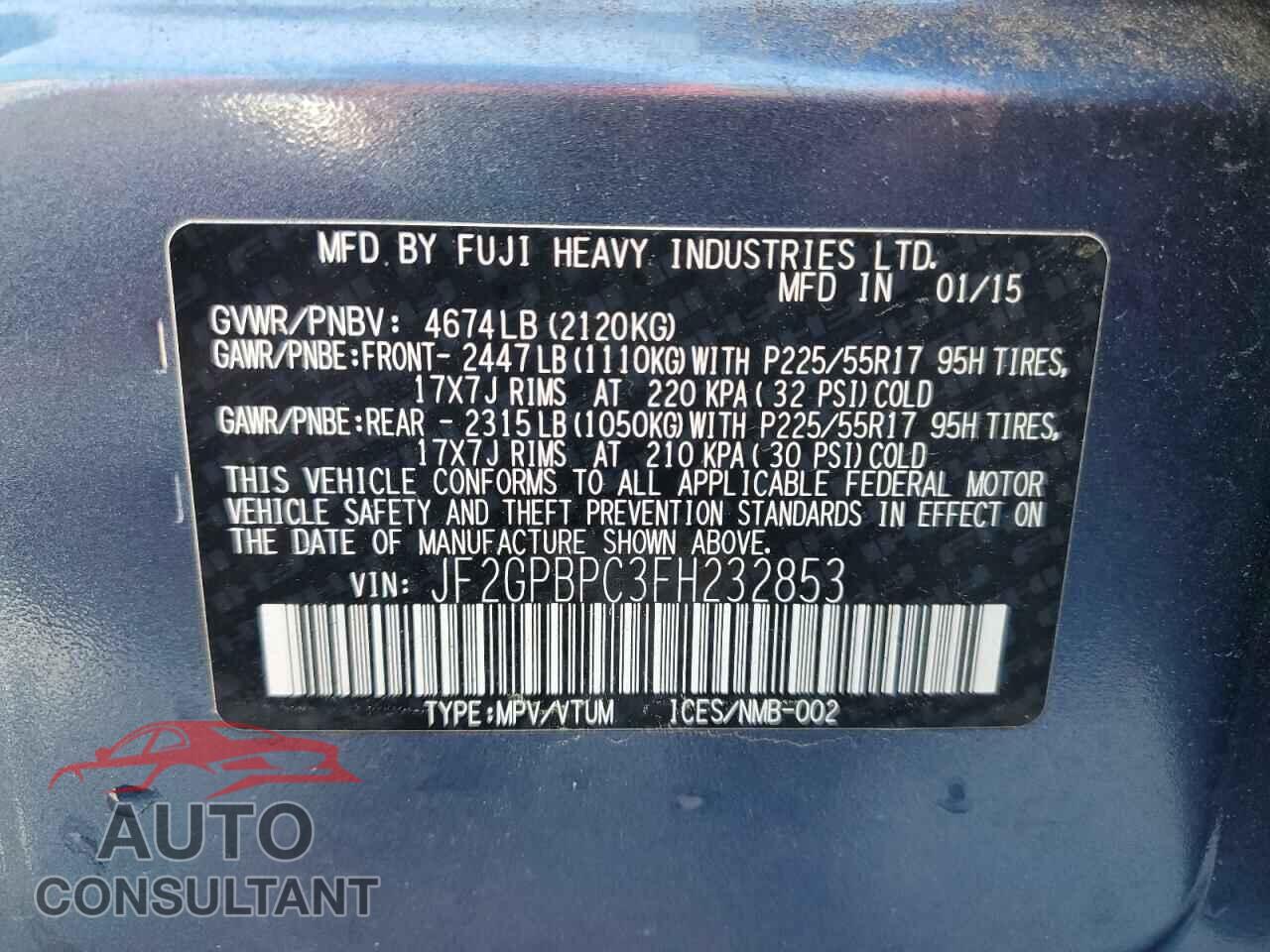 SUBARU XV 2015 - JF2GPBPC3FH232853