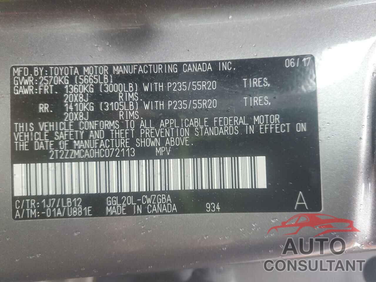 LEXUS RX350 2017 - 2T2ZZMCA0HC072113
