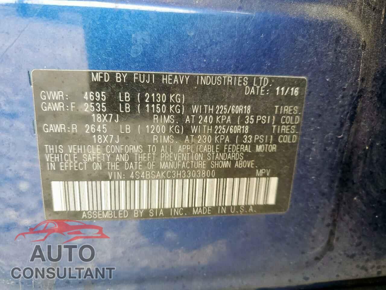 SUBARU OUTBACK 2017 - 4S4BSAKC3H3303800