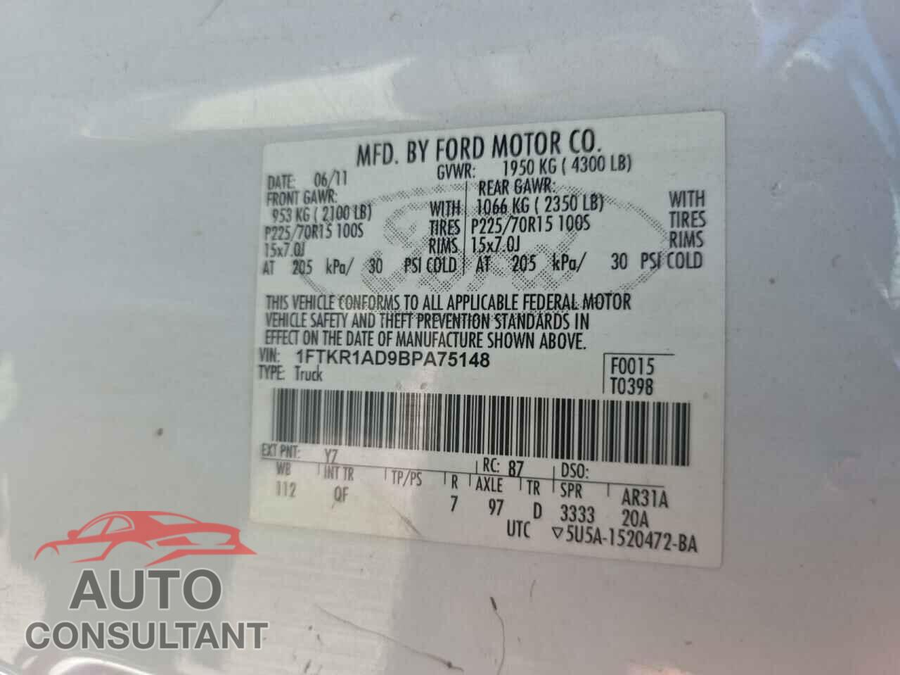 FORD RANGER 2011 - 1FTKR1AD9BPA75148