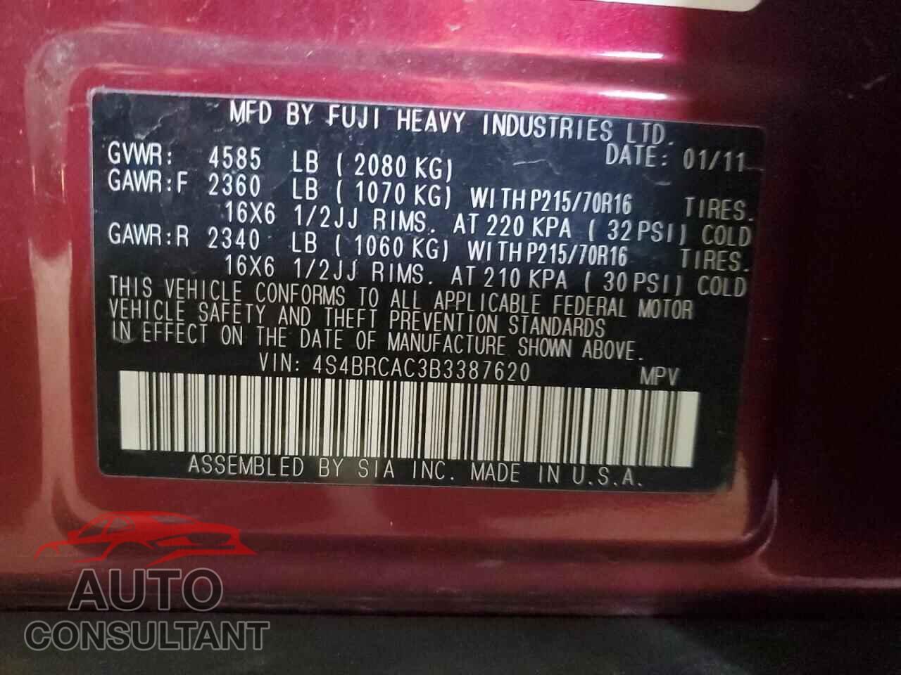 SUBARU OUTBACK 2011 - 4S4BRCAC3B3387620