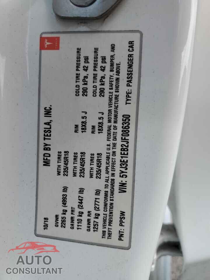 TESLA MODEL 3 2018 - 5YJ3E1EB2JF086350