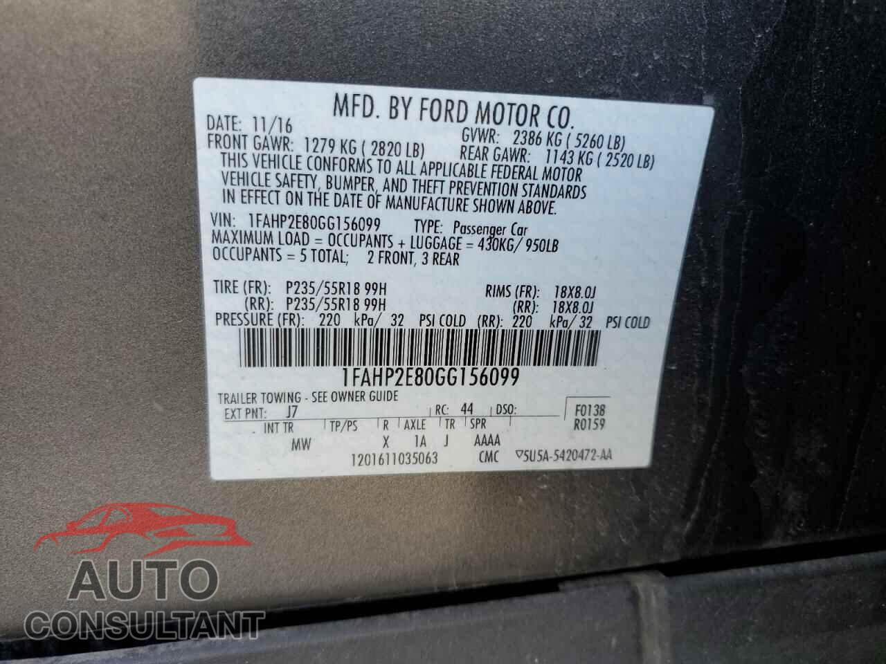 FORD TAURUS 2016 - 1FAHP2E80GG156099