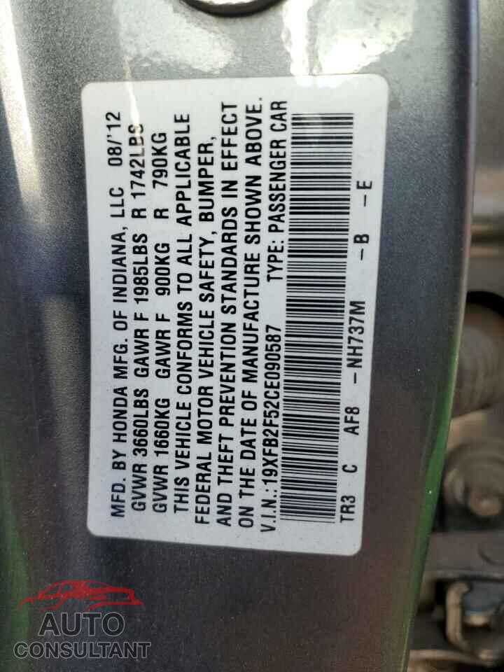 HONDA CIVIC 2012 - 19XFB2F52CE090587