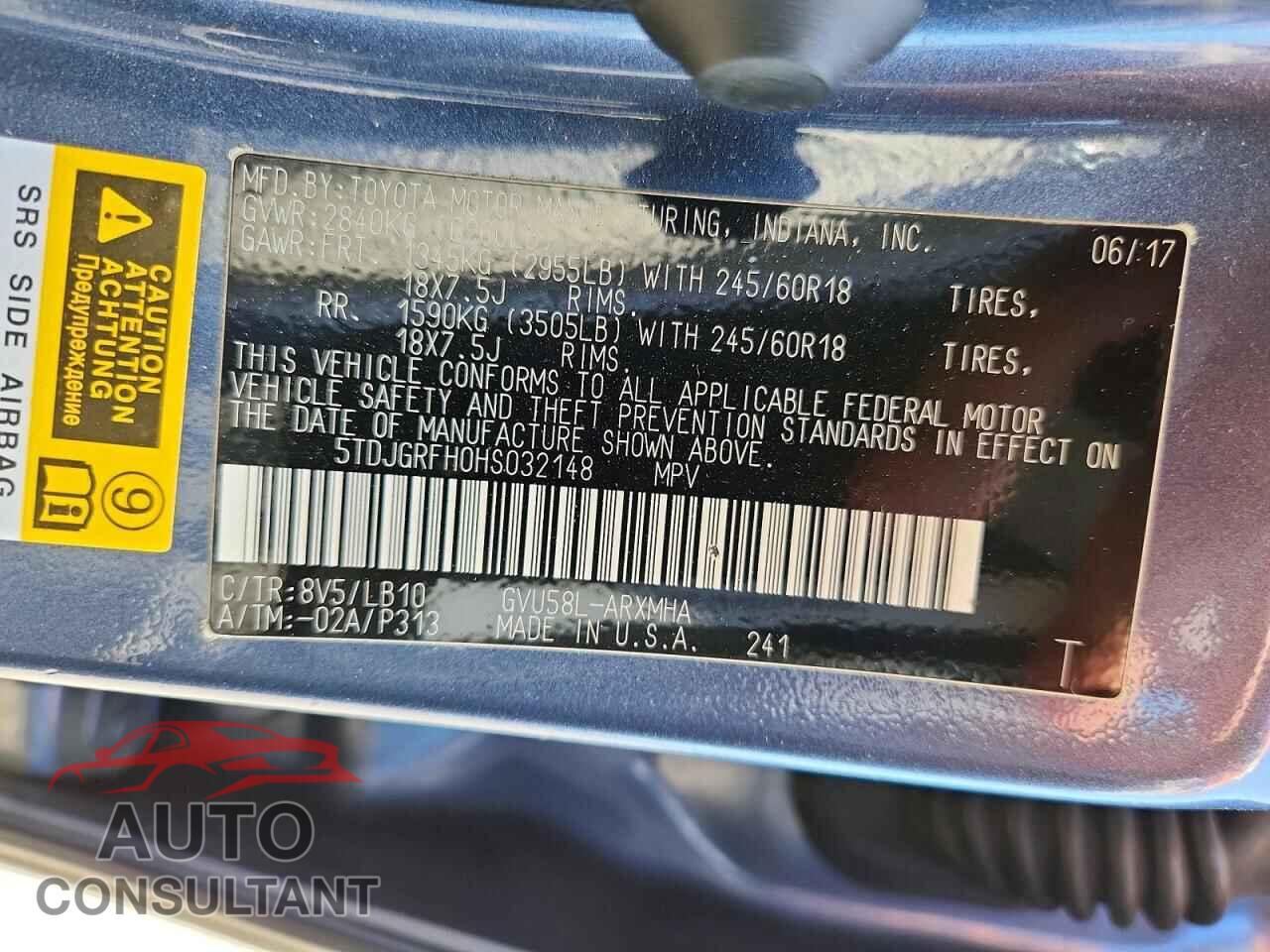 TOYOTA HIGHLANDER 2017 - 5TDJGRFH0HS032148