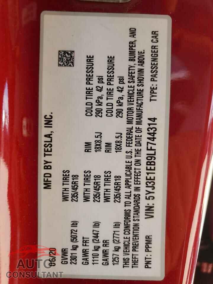 TESLA MODEL 3 2020 - 5YJ3E1EB9LF744314