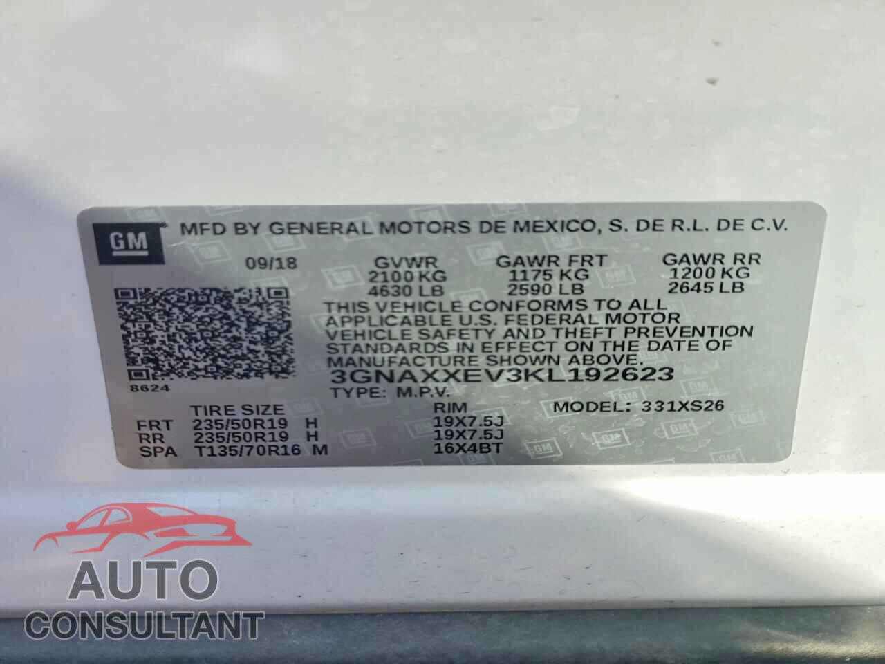 CHEVROLET EQUINOX 2019 - 3GNAXXEV3KL192623