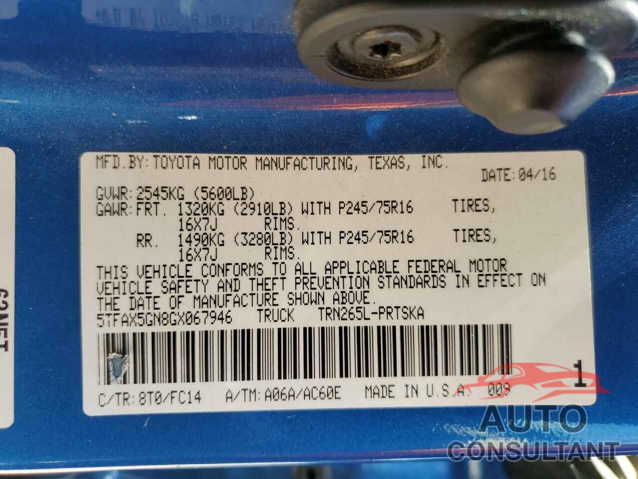 TOYOTA TACOMA 2016 - 5TFAX5GN8GX067946