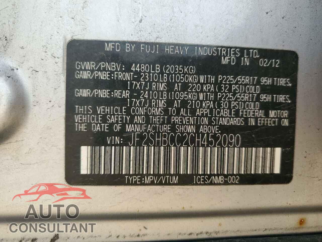 SUBARU FORESTER 2012 - JF2SHBCC2CH452090