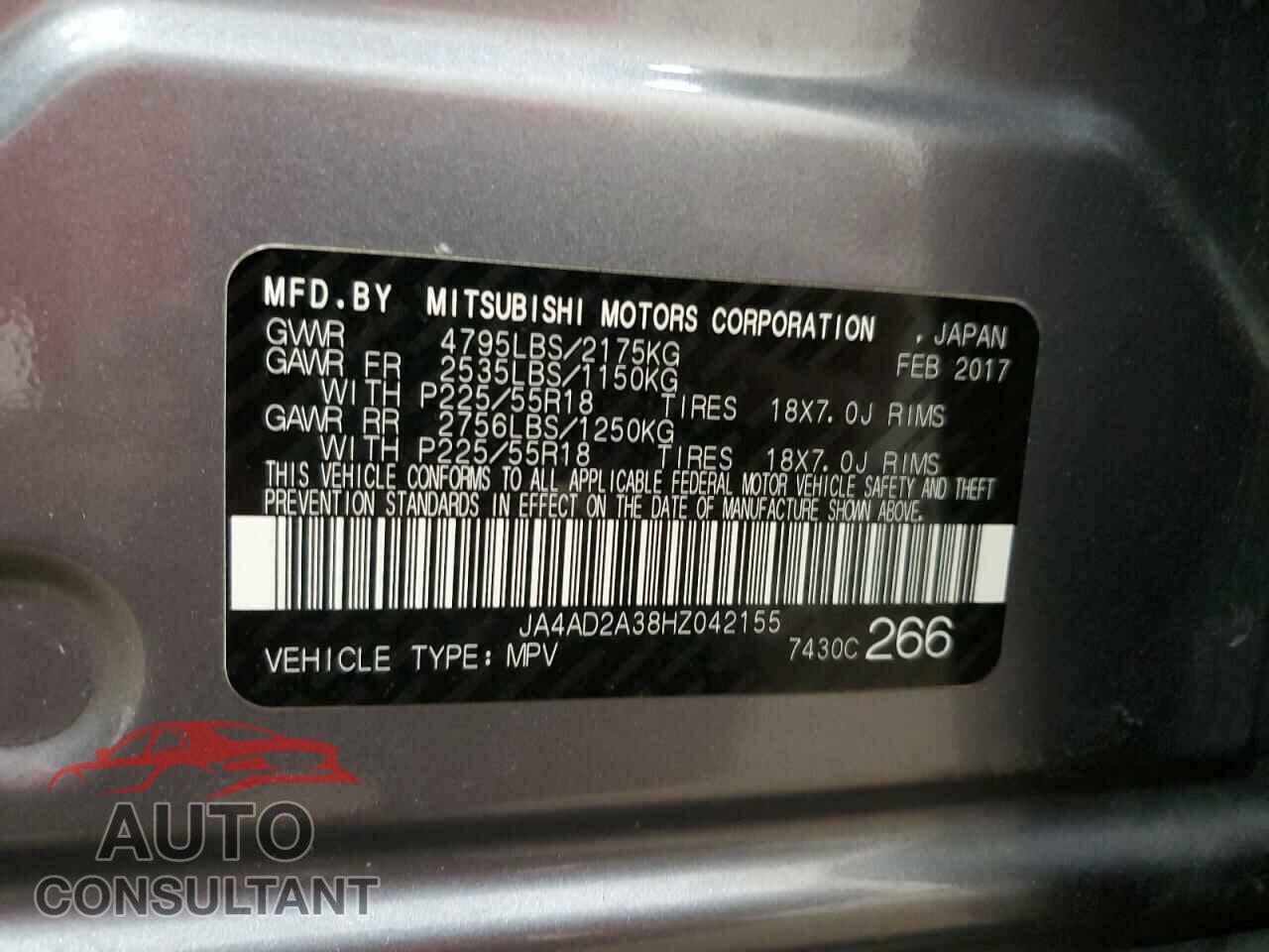 MITSUBISHI OUTLANDER 2017 - JA4AD2A38HZ042155
