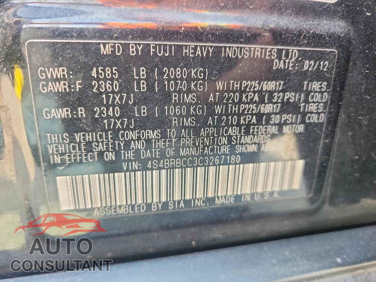 SUBARU OUTBACK 2012 - 4S4BRBCC3C3267180