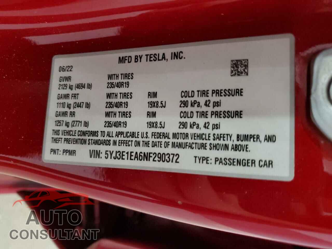 TESLA MODEL 3 2022 - 5YJ3E1EA6NF290372