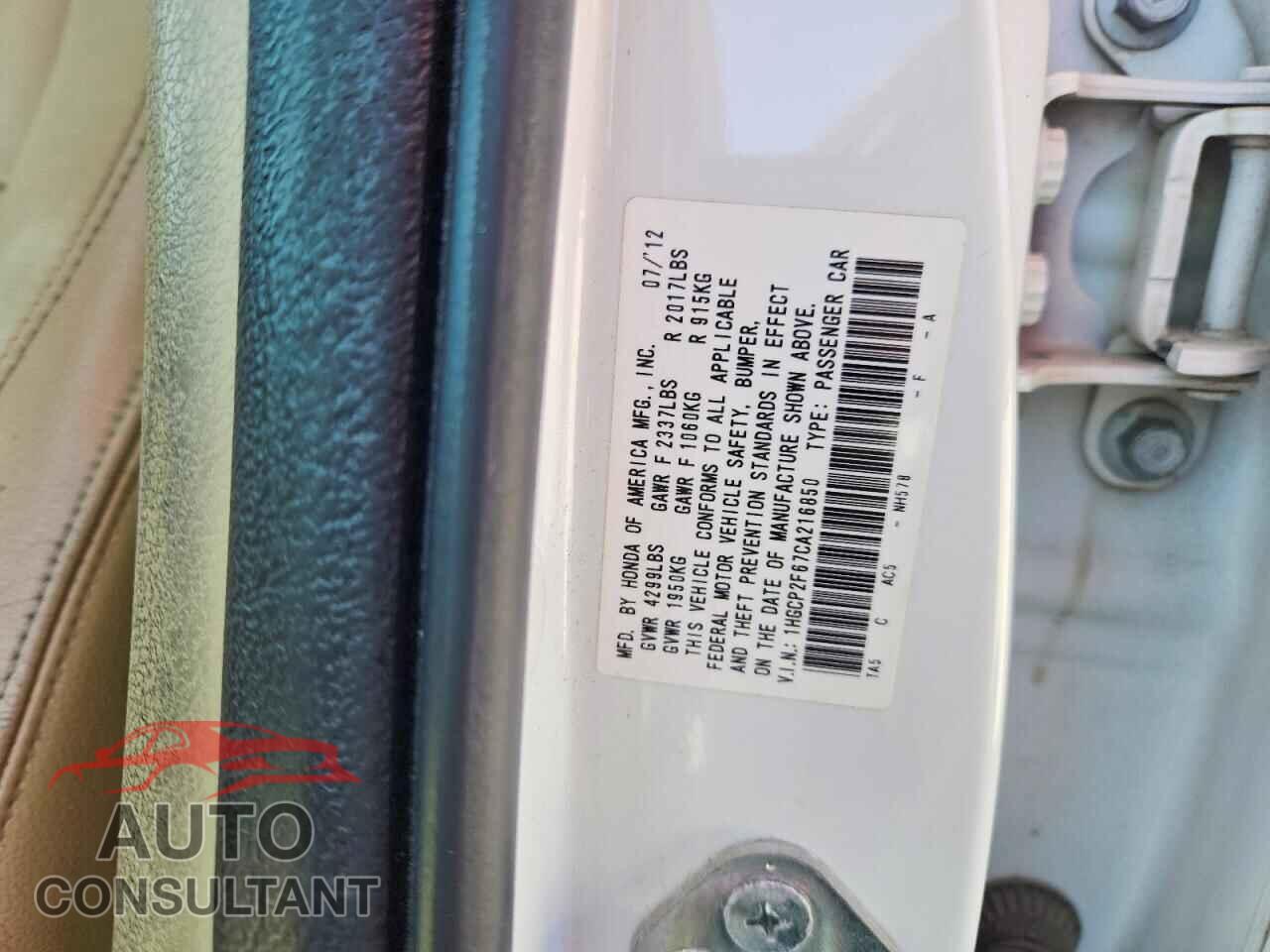 HONDA ACCORD 2012 - 1HGCP2F67CA216850