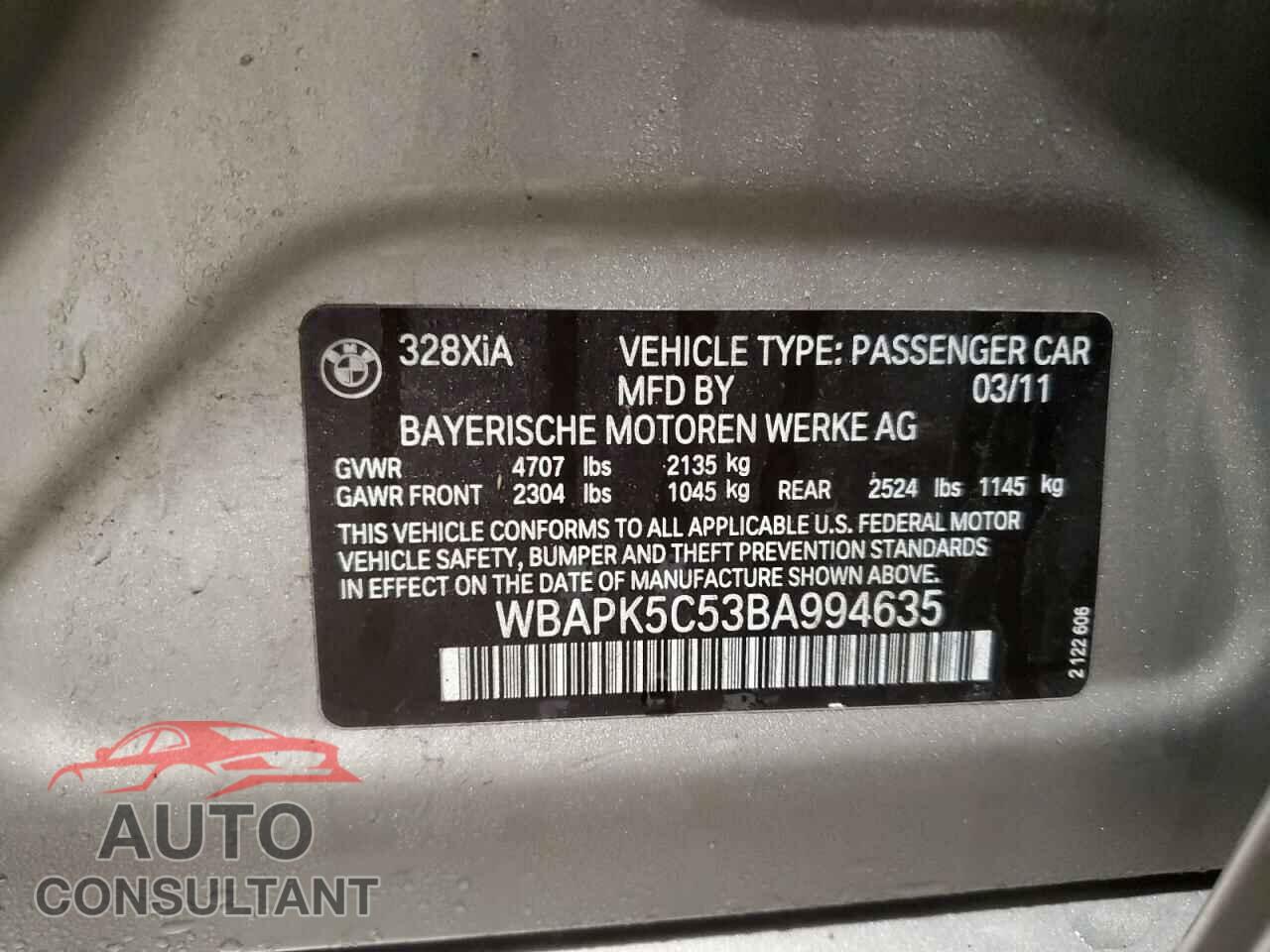 BMW 3 SERIES 2011 - WBAPK5C53BA994635