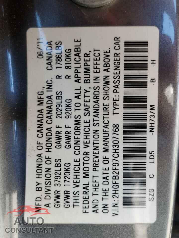 HONDA CIVIC 2012 - 2HGFB2F97CH307768