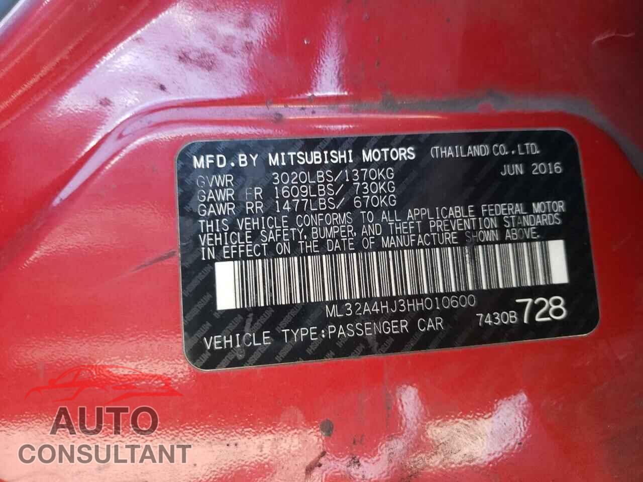 MITSUBISHI MIRAGE 2017 - ML32A4HJ3HH010600