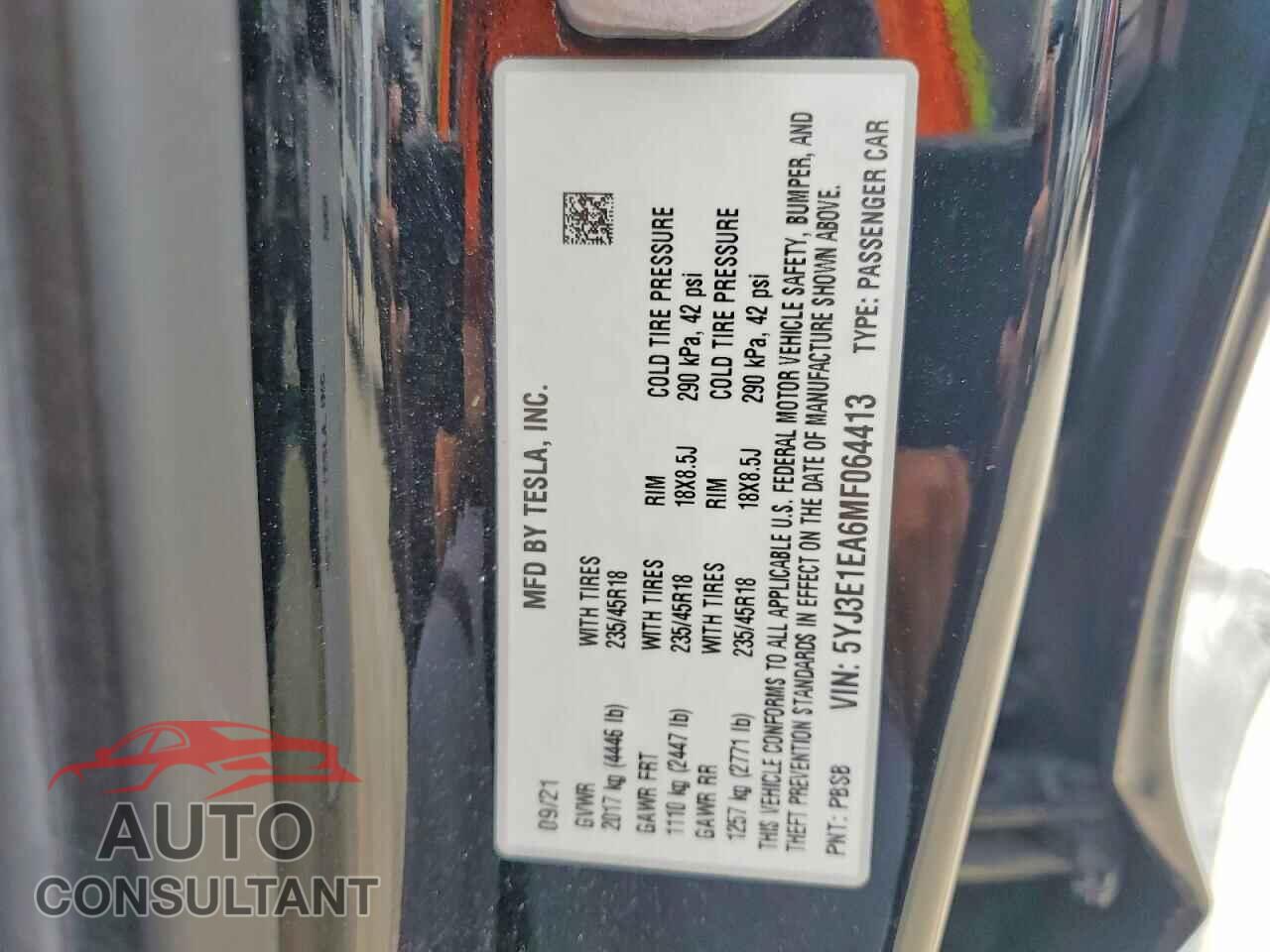 TESLA MODEL 3 2021 - 5YJ3E1EA6MF064413