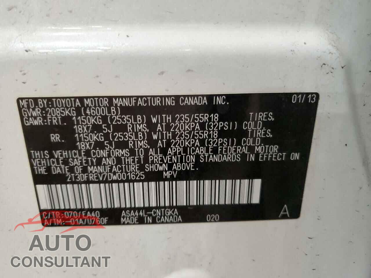 TOYOTA RAV4 2013 - 2T3DFREV7DW001625