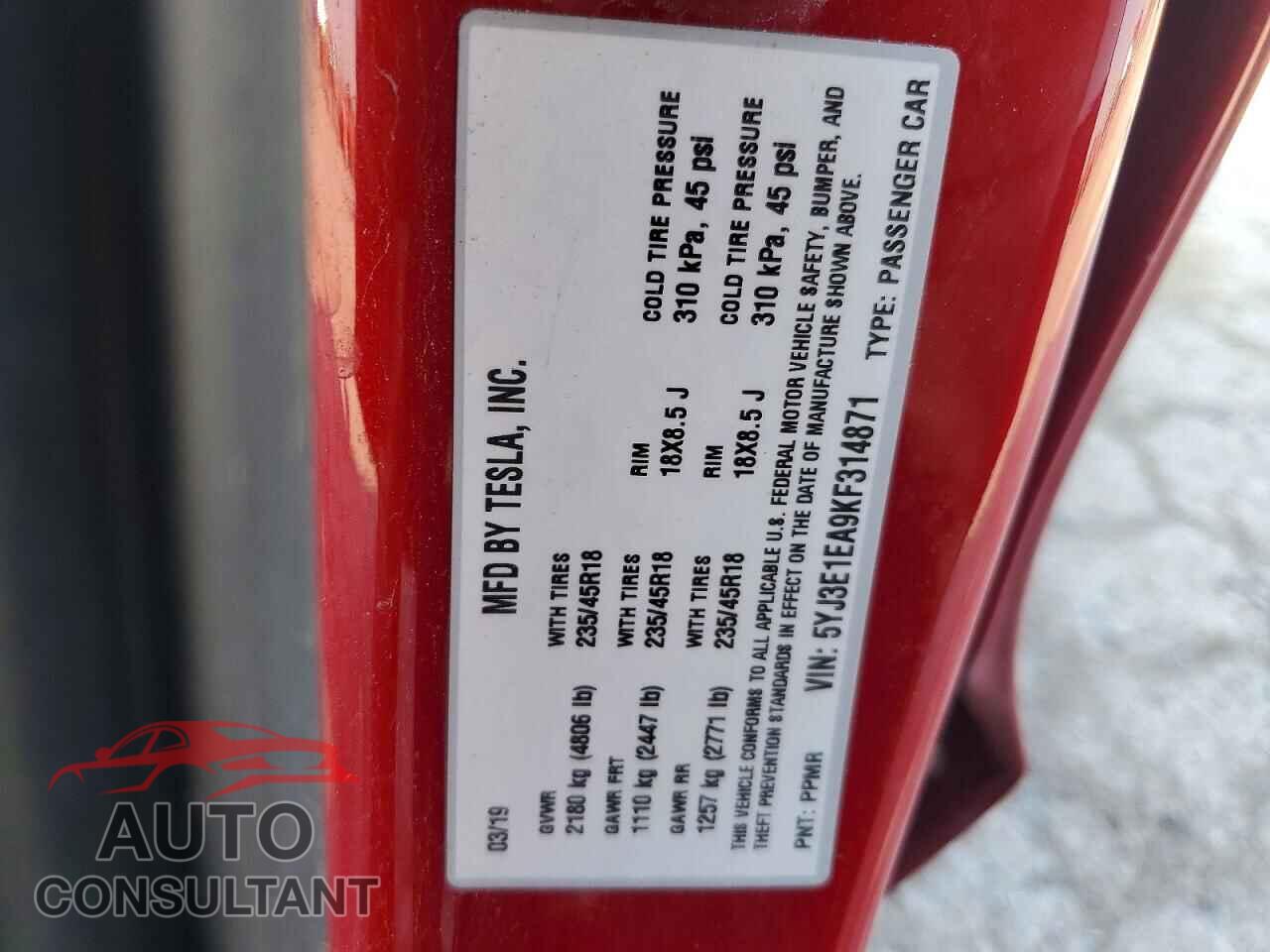 TESLA MODEL 3 2019 - 5YJ3E1EA9KF314871
