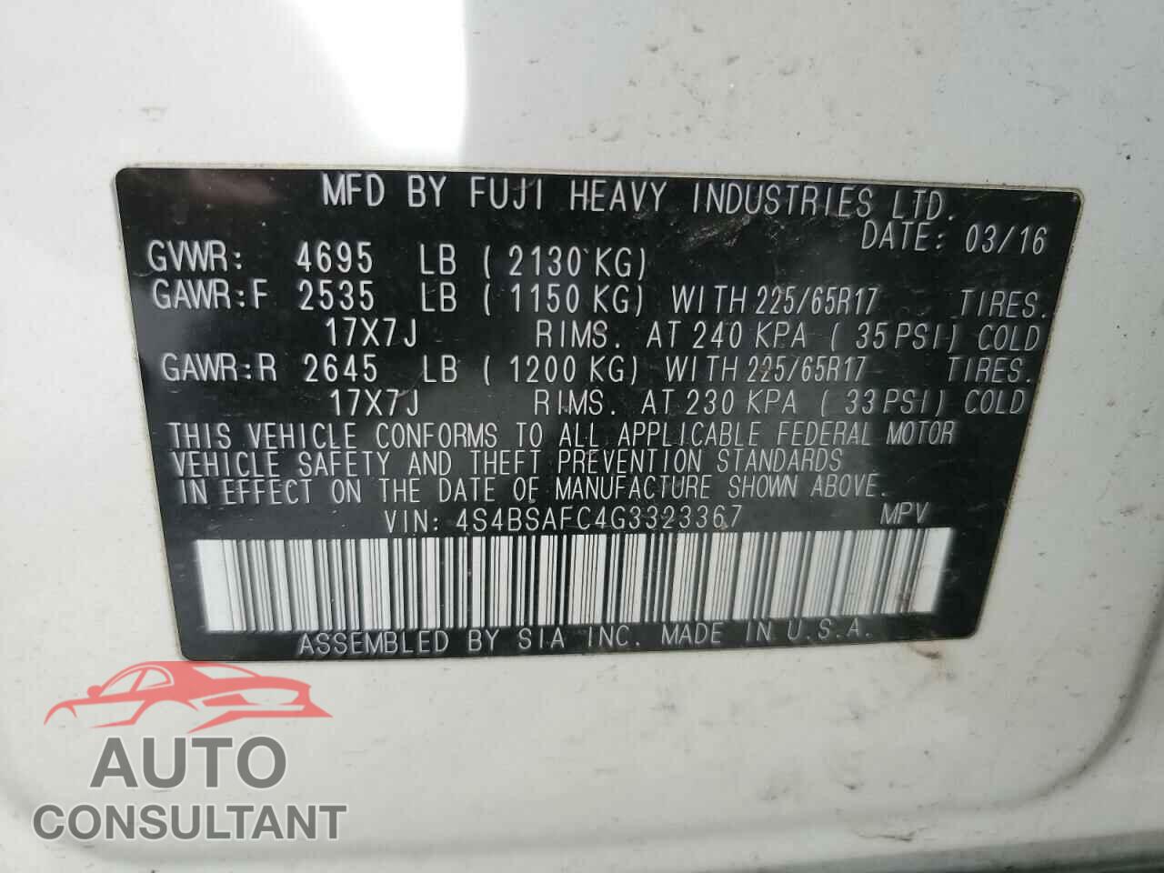 SUBARU OUTBACK 2016 - 4S4BSAFC4G3323367