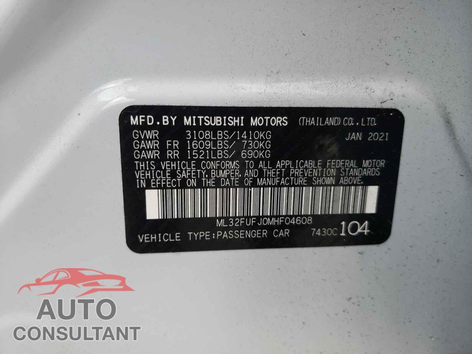 MITSUBISHI MIRAGE 2021 - ML32FUFJ0MHF04608
