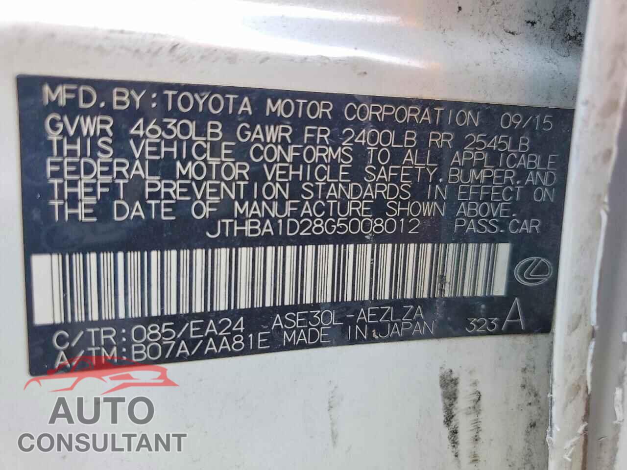 LEXUS IS 2016 - JTHBA1D28G5008012