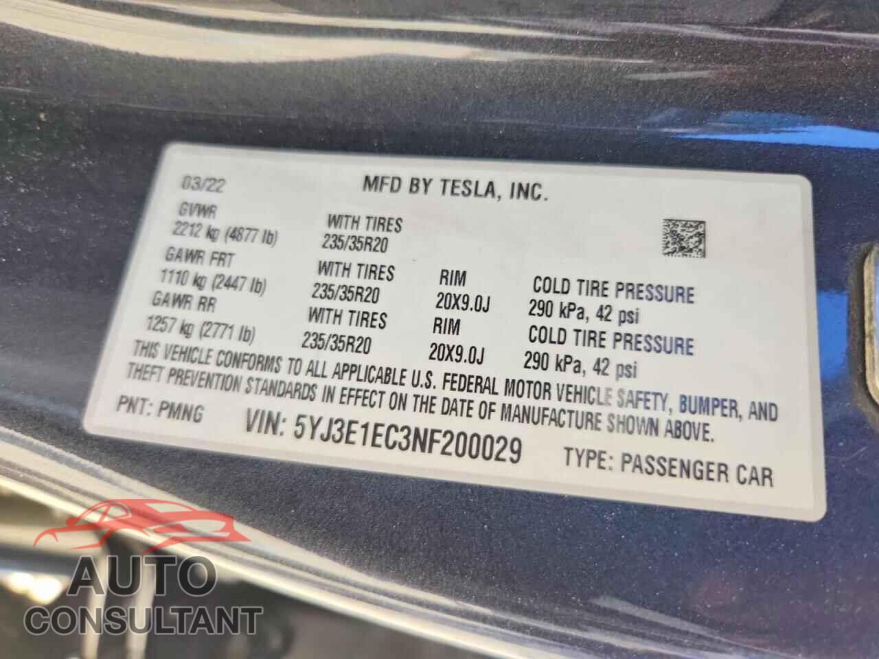 TESLA MODEL 3 2022 - 5YJ3E1EC3NF200029